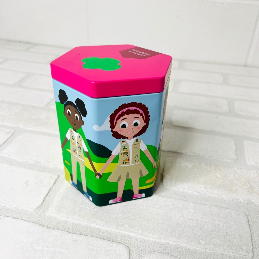 Girl Scouts Friendship is Magic Hexagon Storage Tin Pink Green Trefoil 5.25"